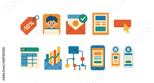 Business, marketing flat icon set. email, analytics, and graphs flat graphic pack
