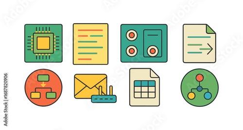 Office and technology flat icon set. file sharing, communication, workflow icons