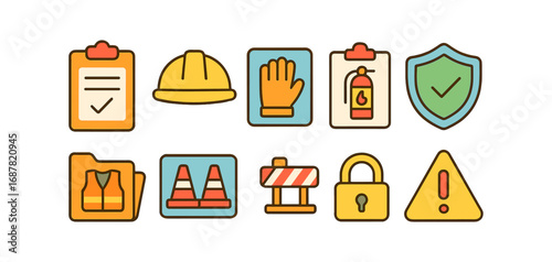 Safety and security outline icon set. protective gear, warning symbols collection