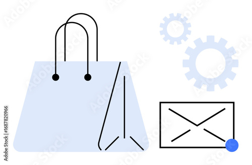 Shopping bag, envelope, and gears convey online shopping, customer interaction, and business processes. Ideal for e-commerce, marketing, technology, retail operations communication automation