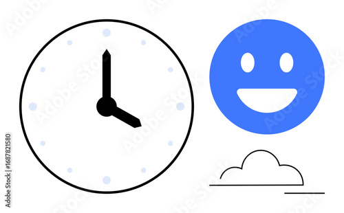 Analog clock with black hands, large smiling blue face, and minimalistic cloud. Ideal for time management, happiness, simplicity, optimism, productivity, mindfulness simple landing page