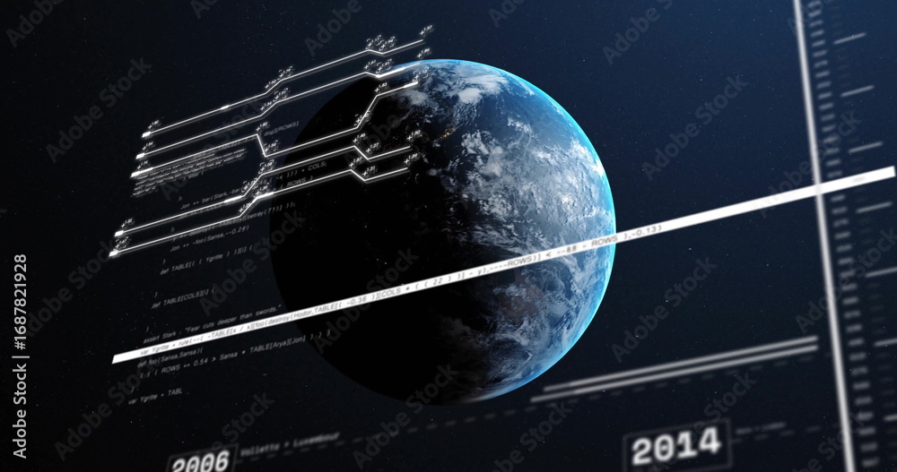 Fototapeta premium Showing Earth globe rotating in space interface, displaying code overlays with 2006-2014 timeline