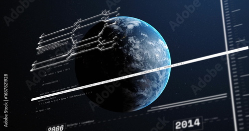 Showing Earth globe rotating in space interface, displaying code overlays with 2006-2014 timeline