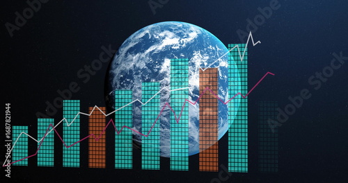 Displaying Earth globe floating in space, with teal orange grid bars and white magenta line graphs