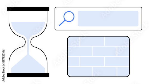 Hourglass for time, search bar with magnifying glass for research, and brick wall for structure. Ideal for time management, research, productivity, construction, foundations, search engines simple