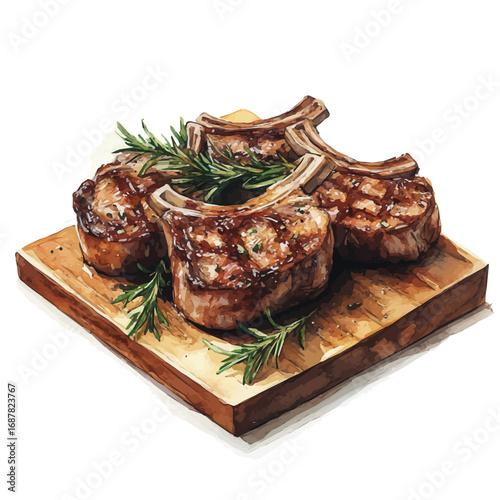 Lamb Chops, watercolor illustration vector, isolated on a white background.