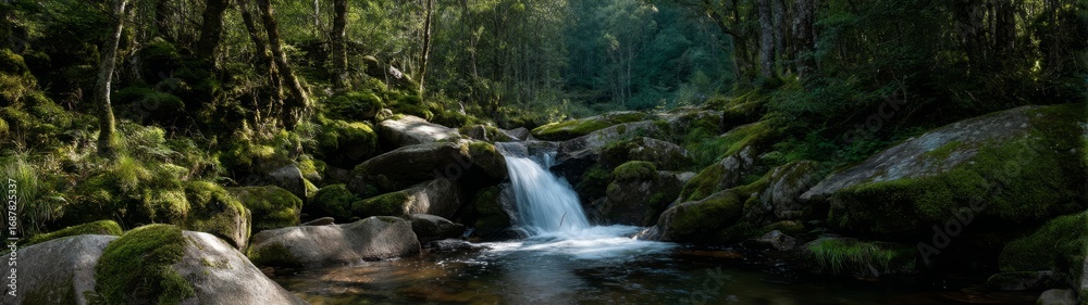 Naklejka premium Cascading waterfall surrounded by lush forest nature photography tranquil landscape serene environment close-up view
