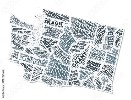 Washington shape text cloud. State border with shadow on white background. Washington with counties division in vintage gazette style. Vibrant vector illustration.