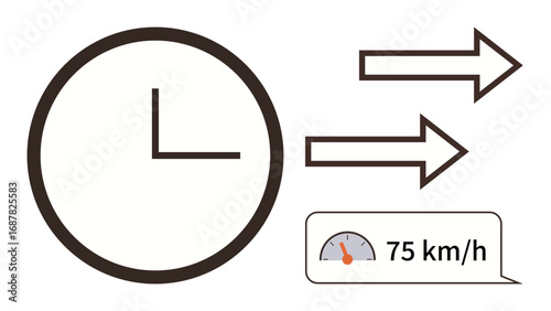 Clock indicating time, two arrows showing direction, and a speedometer reading 75 kmh. Ideal for concepts thumbs up time management, speed efficiency, productivity, travel, and measurement. Simple