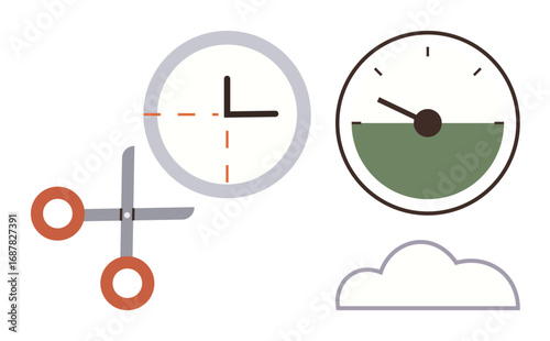 Scissors cutting a clock, stopwatch with green fill, and a cloud outline. Ideal for time management, efficiency, planning, productivity, deadlines cloud technology and tracking tasks. Simple flat