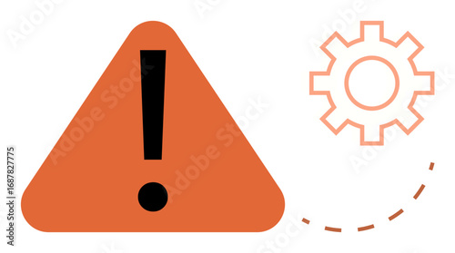 Orange triangle with bold exclamation mark next to outlined gear and dashed semicircle. Ideal for warning, system error, alert, technical issue, caution, maintenance, troubleshooting. Simple flat