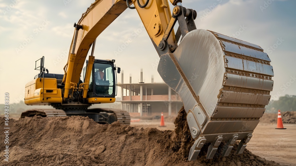 Fototapeta premium A yellow excavator in action on a construction site. The excavator's bucket digs into the dirt, with construction work in the background