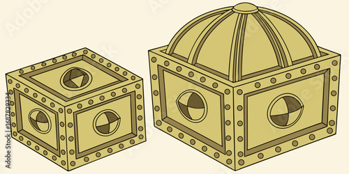 Illustration of two golden boxes one with a dome lid and both decorated with circles and crosshairs