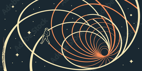 Astronaut walking through swirling cosmic energy lines with stars and a dark blue space background view