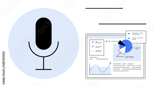 Microphone symbol beside digital dashboard displaying graphs, charts, and analytics. Ideal for voice assistant, data visualization, business analysis, technology integration, user interface, speech