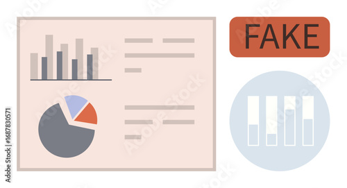 Bar graph, pie chart, and text on card with FAKE label. Highlighting data manipulation, misinformation, media literacy. Ideal for statistics, education, fraud detection awareness campaigns