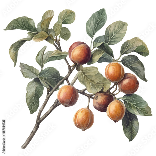 Jujube, watercolor painting vector, isolated on a white background.