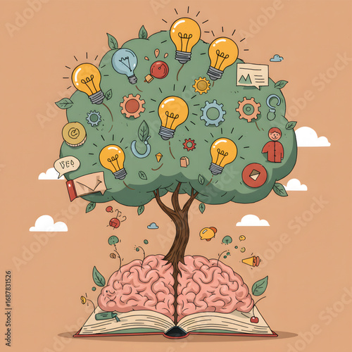 A vibrant illustration depicting a brain as tree roots growing from an open book, with its branches bearing glowing lightbulbs and various symbols representi...