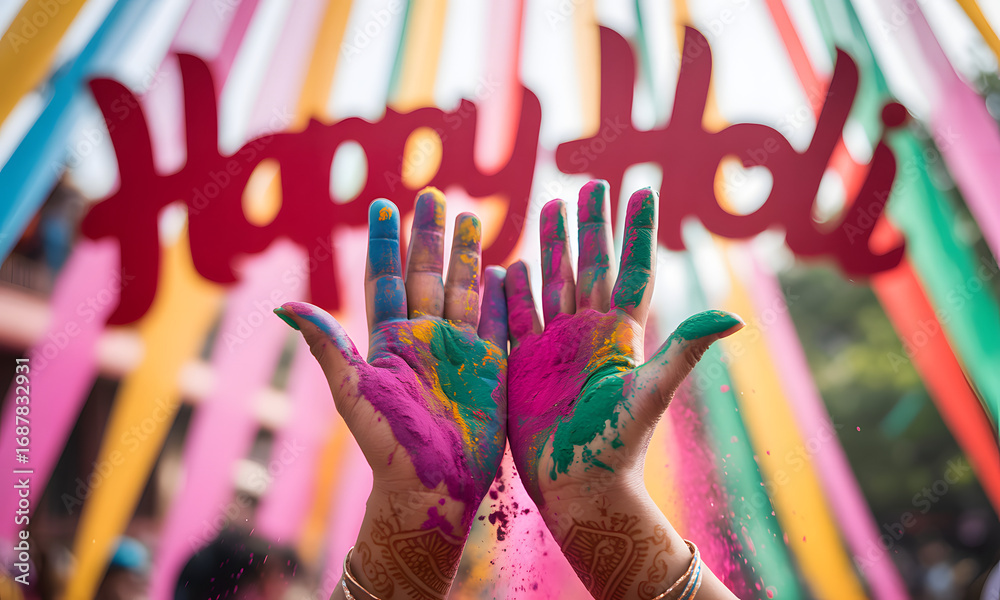 Obraz premium Colorful holi hands uplifted