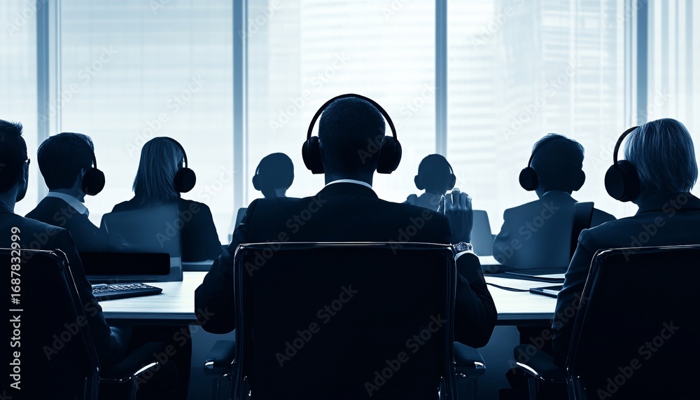 Obraz premium Several businesspeople wearing headphones are sitting in chairs around a large table in an office, facing away from the camera.