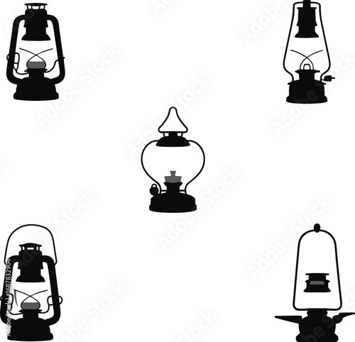 Vintage oil lantern silhouettes collection, antique kerosene lamp vector set, retro camping light icons, rustic illumination design, CAD drawing flat vector illustration