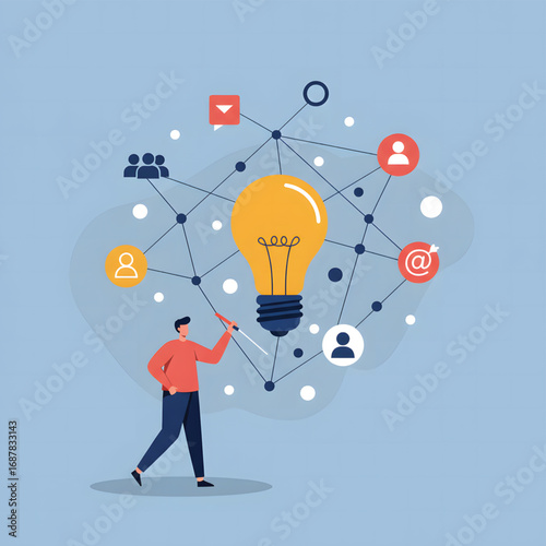 A man points to a glowing lightbulb, representing innovative ideas connected to a network of people and communication.