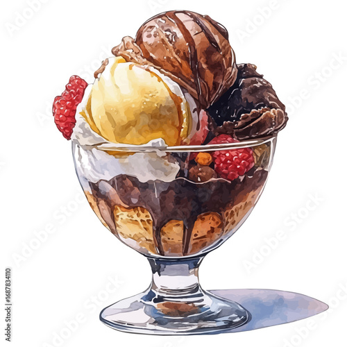 Ice Cream Sundae, watercolor clipart vector, isolated on a white background.
