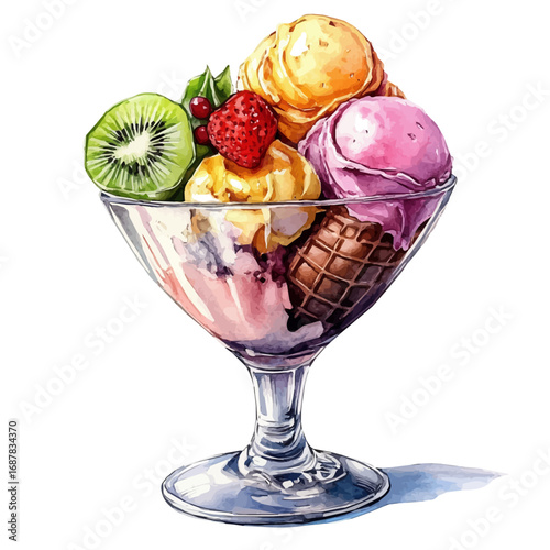 Ice Cream Sundae, watercolor drawing vector, isolated on a white background.