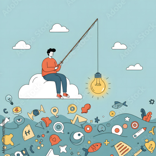 A man sits on a cloud, fishing for a glowing lightbulb idea from a sea of digital icons and information.
