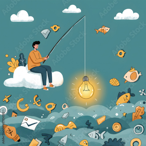 A person sits on a cloud, fishing for a glowing lightbulb idea in a whimsical, abstract sea filled with fish and symbols.