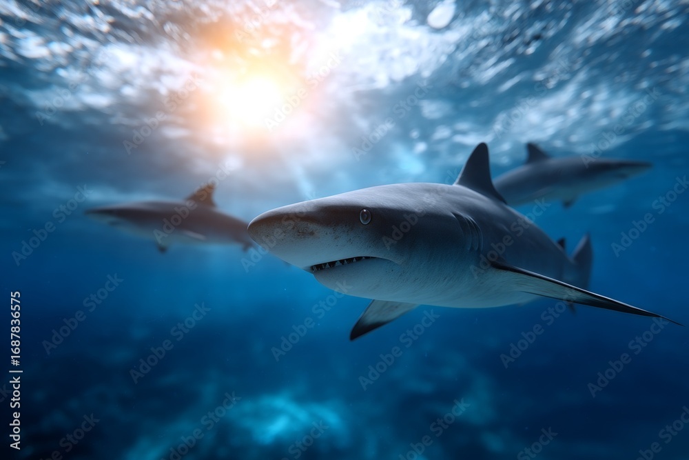 Obraz premium Group of sharks swimming underwater with sunlight filtering through ocean waves
