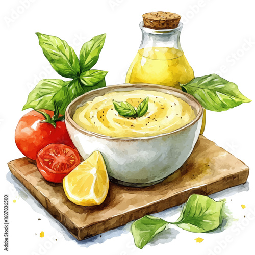watercolor vector of Hummus, isolated on a white background.