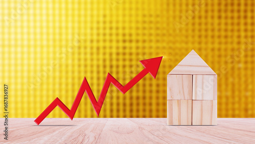 a red up arrow and wooden house. The concept of the rising price of real estate, high demand for real estate, growth of rental rates and mortgage sales of apartments. Population grows.