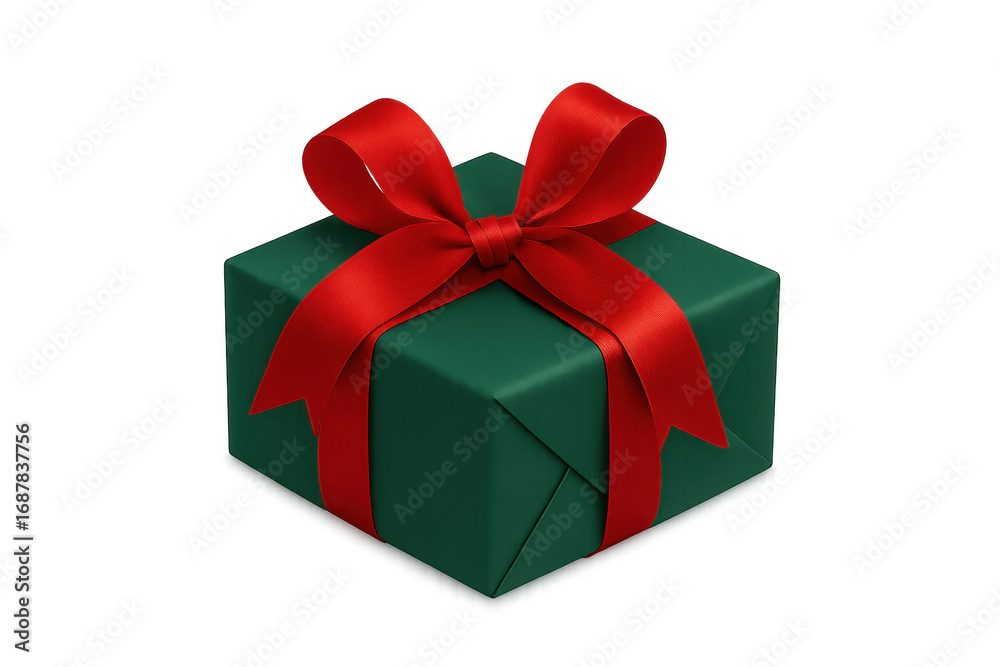 Fototapeta premium Green gift box wrapped with red ribbon on transparent background