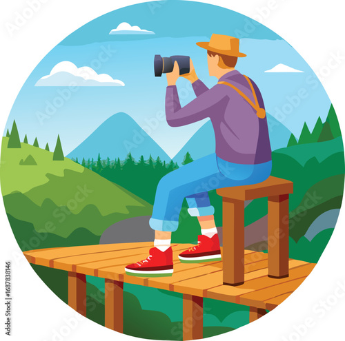 Man with camera captures scenic mountain landscape from wooden platform