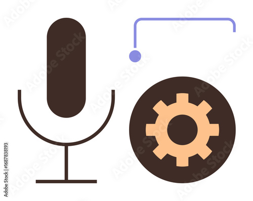 Microphone alongside gear and tech element representing voice-activated technology, AI, and automation. Ideal for innovation, programming, smart devices, user interaction, machine learning, workflow