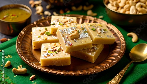 A close-up shot of an assortment of Indian sweets, arranged on a decorative plate. 