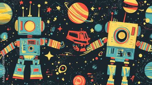 Vibrant robots from a bygone era dance amidst a celestial backdrop of twinkling stars