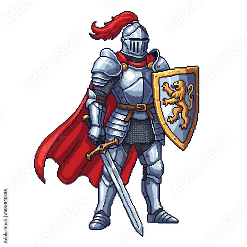 Brave Knight in Full Armor with Sword and Shield.