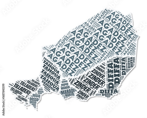 Niger shape text cloud. Country border with shadow on white background. Niger with regions division in vintage gazette style. Artistic vector illustration.