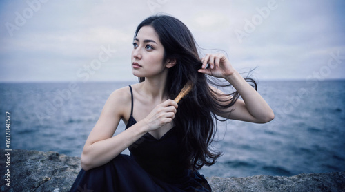 a woman wearing a black dress, sitting on a rocky surface near the ocean. They are brushing their long, dark hair with a wooden comb. The background features a calm sea under a cloudy