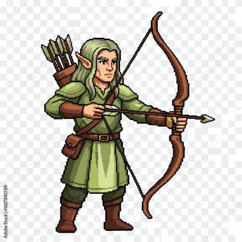 Pixel Art Elf Archer Character with Bow and Arrow.