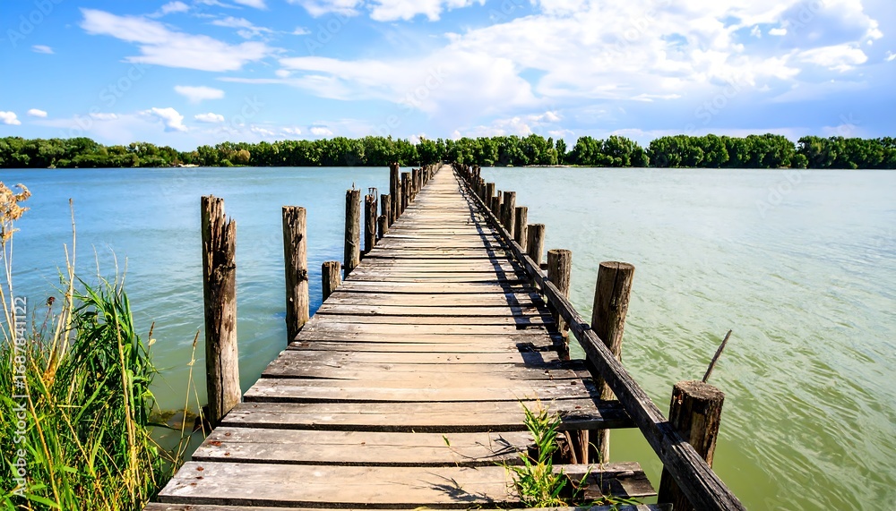 Fototapeta premium A weathered wooden bridge stretches across a serene lake under a partly cloudy sky. Tranquil, picturesque