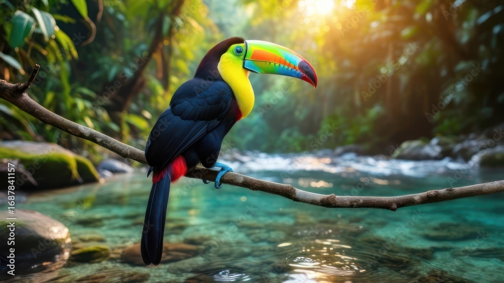 Fototapeta premium Vibrant toucan in a lush rainforest