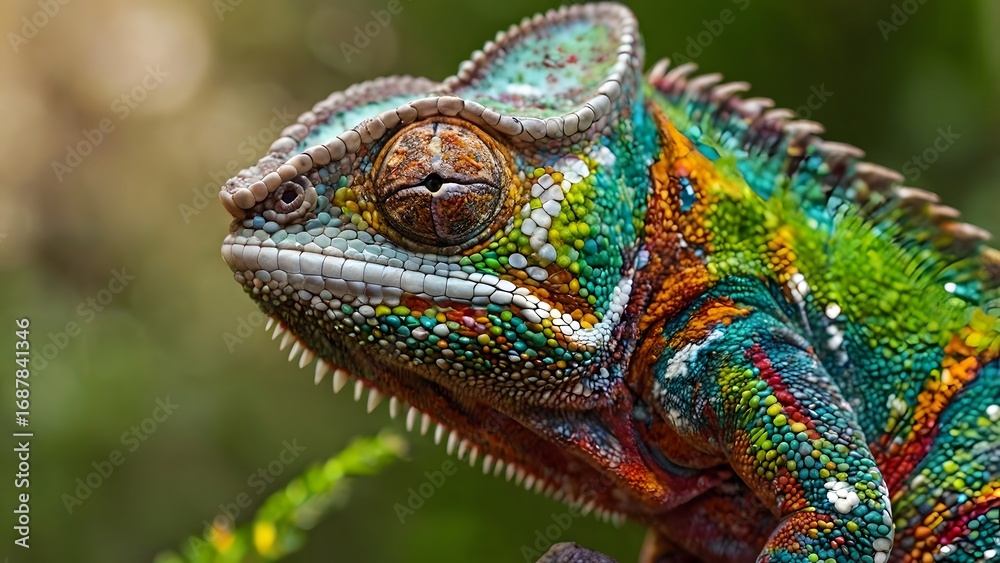 Fototapeta premium Vibrant Chameleon Closeup Exotic Reptile Macro Nature Shot