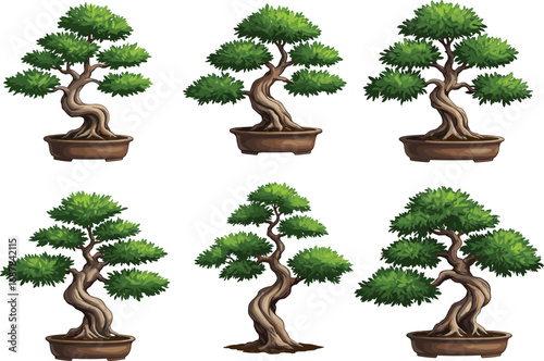 Bonsai tree silhouettes, artistic botanical illustration set, potted miniature trees, Japanese garden design, ornamental plant shapes, nature art, foliage detail, vector isolated