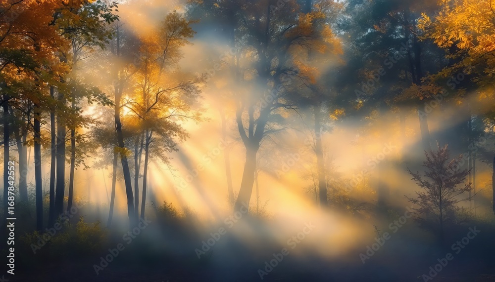 Fototapeta premium Foggy autumn forest with light rays breaking through golden trees