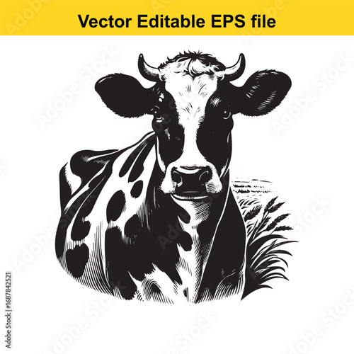 Black and white illustration of a cow isolated on white background