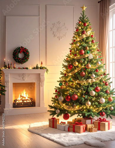 Christmas Ornaments on Tree in Warm Holiday Atmosphere