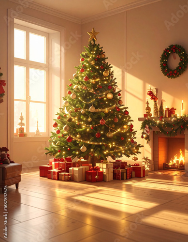 Christmas Ornaments on Tree in Warm Holiday Atmosphere